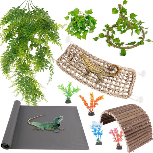 Bearded Dragon Tank Accessories, Include Reptile Mat Hammock Plants Bridge Jungle Climber Vines Terrarium Decorations for Bearded Dragon Lizard Snake
