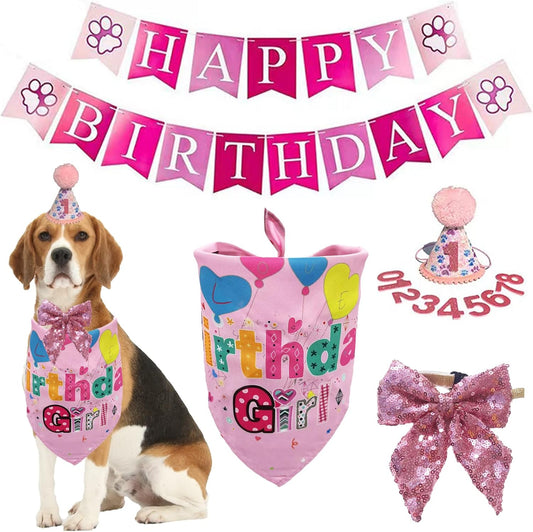 Dog Birthday Bandana Hat Scarf Set, Dog Birthday Party Supplies Dog Bandana Hat with Numbers Scarfs Happy Birthday Banner with Cute Dog Bow Tie Collar Boy Girl Puppy Birthday Hat Scarf for Dog (Pink)