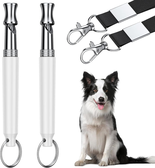 DIZU Dog Whistle, Dog Training Whistle with Lanyard, 2 Pcs Adjustable Ultrasonic Silent Dog Recall Whistles, Professional Dog Whistle to Stop Barking Neighbors Dog (White)