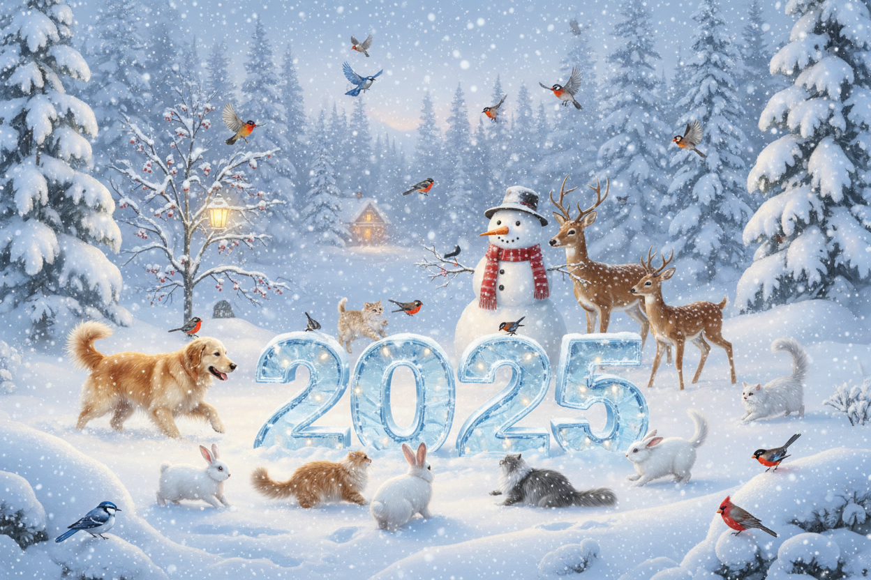 Lots of animals playing in a winter wonderland, with large text that says 2025, and snow falling all around
